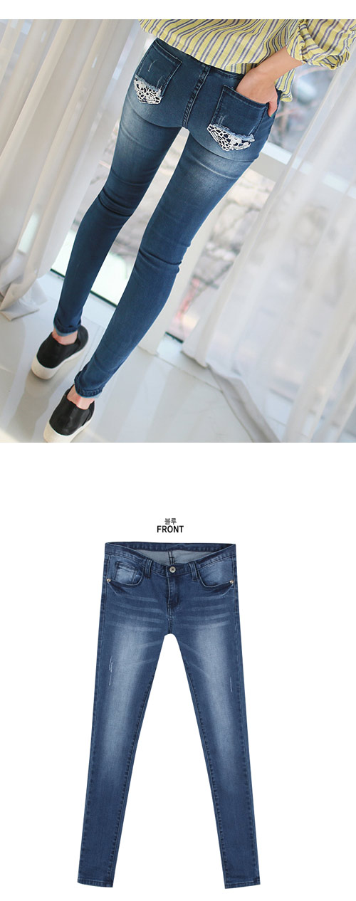 針織花紋拼接口袋牛仔褲 (藍色)-Seoul Holic