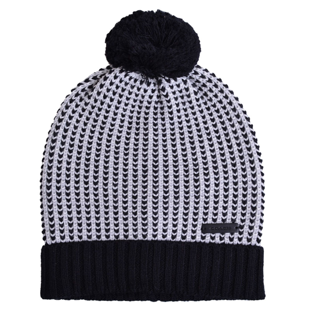 COACH 羊毛時尚毛球造型保暖毛帽(黑白)