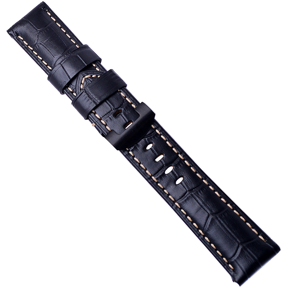Panerai 沛納海/軍錶代用鱷魚竹節壓紋真皮鍍黑摺疊扣錶帶-黑