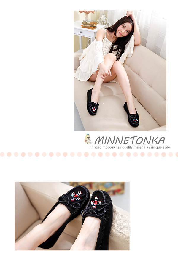 MINNETONKA 黑色麂皮串珠小雷鳥莫卡辛 女鞋 (展示品)