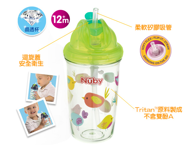 Nuby 晶透學飲杯細吸管300ml-藍(12M+)