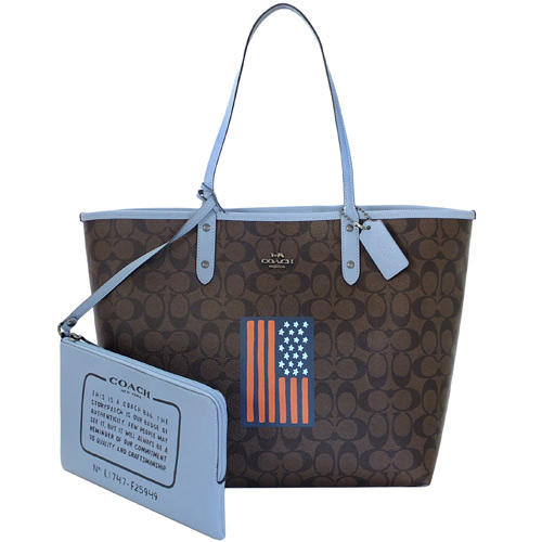 COACH深咖啡C Logo美國國旗雙面使用肩背購物托特包(大)