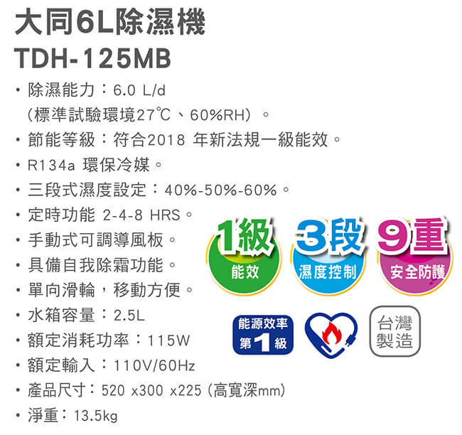 TATUNG大同 6公升除濕機(TDH-125MB)