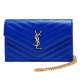 YSL MONOGRAM系列V字縫線魚子醬牛皮金屬LOGO金鍊手拿/肩背包(電光藍) product thumbnail 1