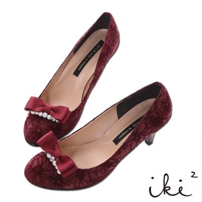 iki2浪漫氛圍-日本製珍珠蝴蝶結壓紋高跟婚鞋-魅力紅