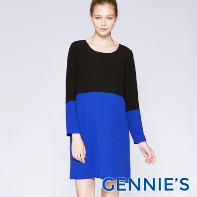 Gennies專櫃-假兩件拼接洋裝-黑藍(C1C04)-M
