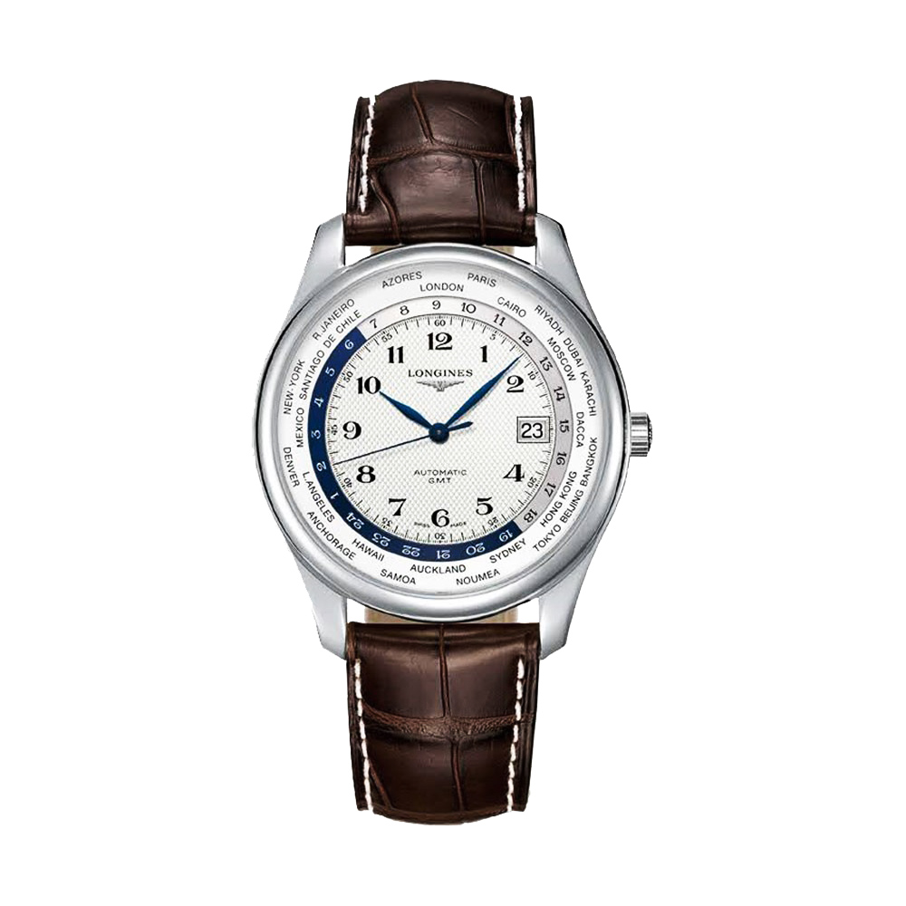 LONGINES 浪琴 官方授權 表巨擘系列世界時區腕錶-白x咖啡色錶帶/42mm L2.802.4.70.3
