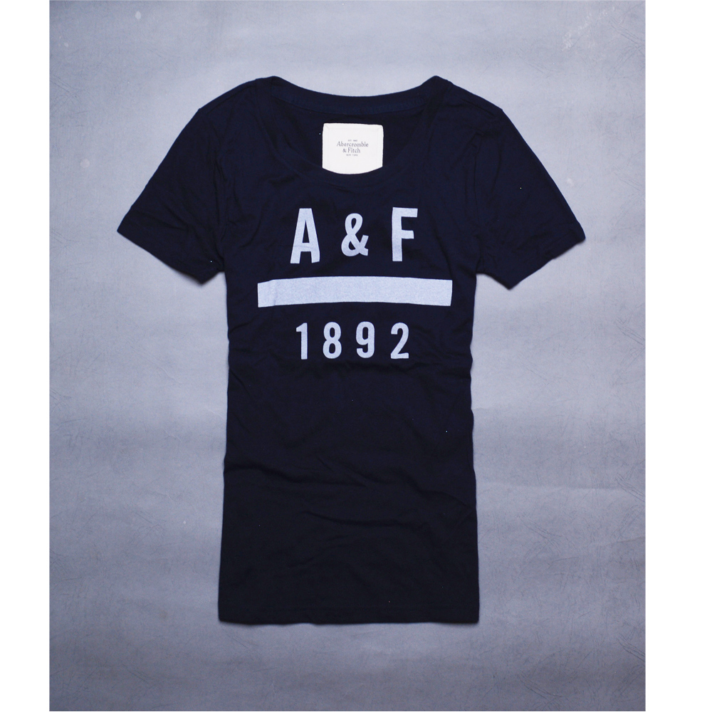 A&F Abercrombie & Fitch LOGO印刷圓領棉窄版短袖T恤-深藍