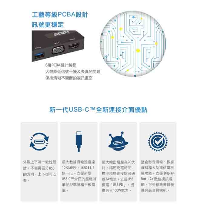 ATEN USB-C 多功能迷你擴充盒 (UH3232)