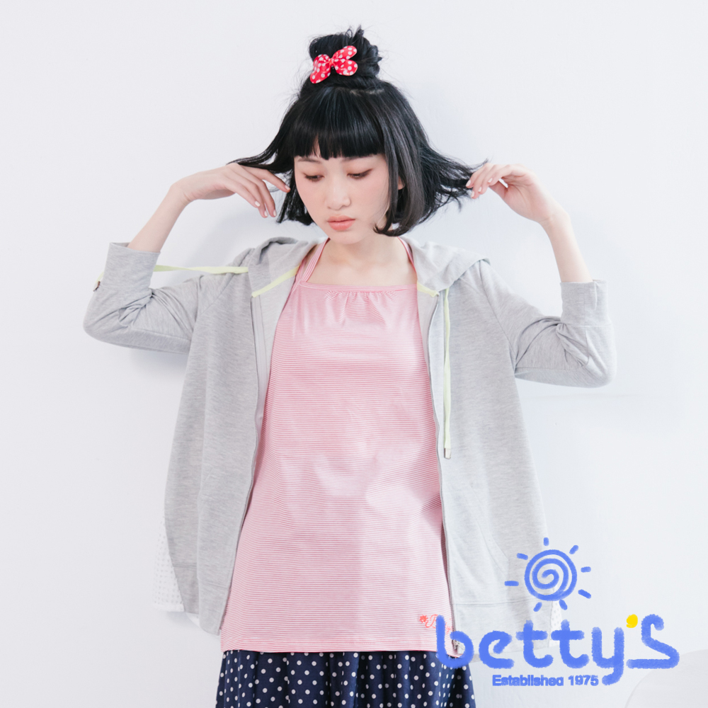 betty’s貝蒂思　背後拼接格子七分袖連帽外套(淺灰色)