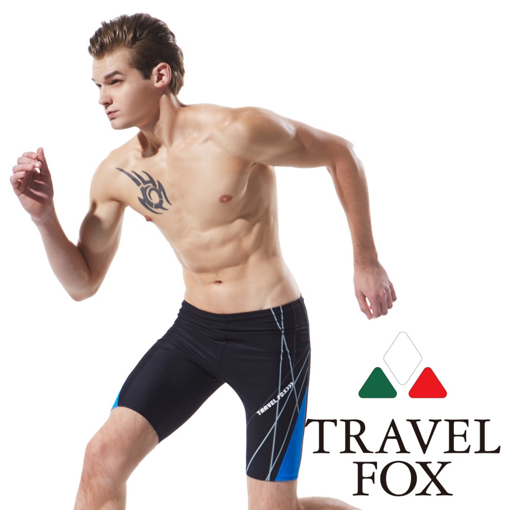 TRAVELFOX 旅狐 男泳褲七分男泳褲 黑底亮藍彩條邊