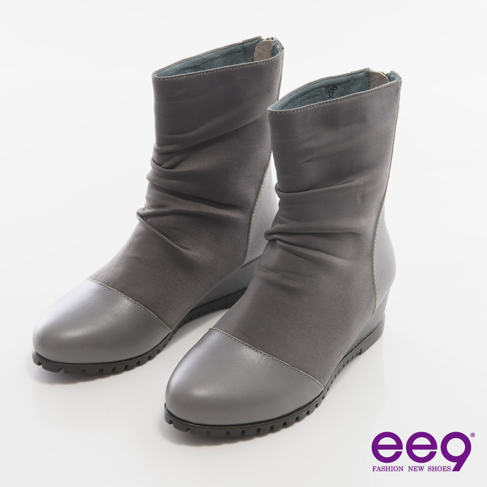 ee9 完美時尚~經典異材質拼接素面造型拉鏈短靴＊灰色