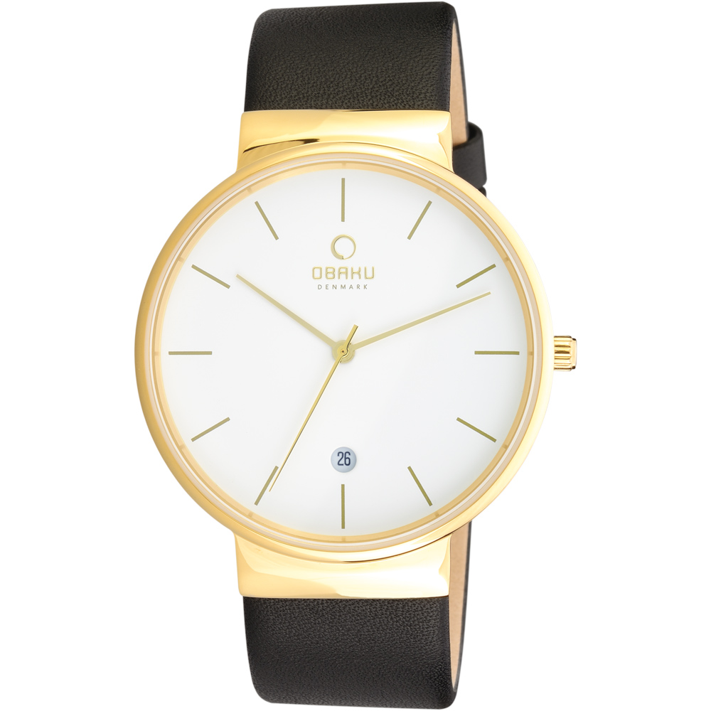 OBAKU 純粹經典三針日期時尚腕錶-黑帶金框白x皮帶/41mm