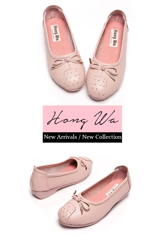 Hong Wa-真皮休閒素面學院風平底鞋-粉