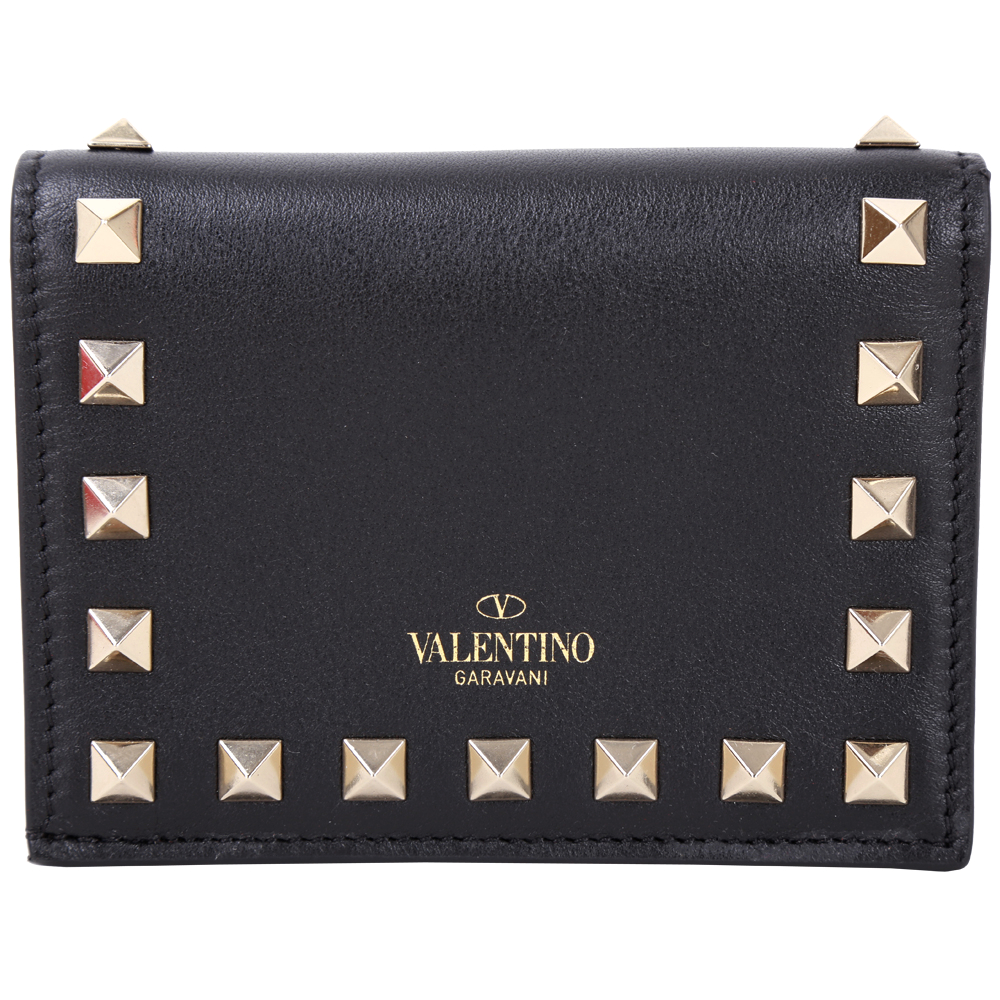 VALENTINO Rockstud 金色鉚釘小牛皮萬用釦式零錢包(黑色)