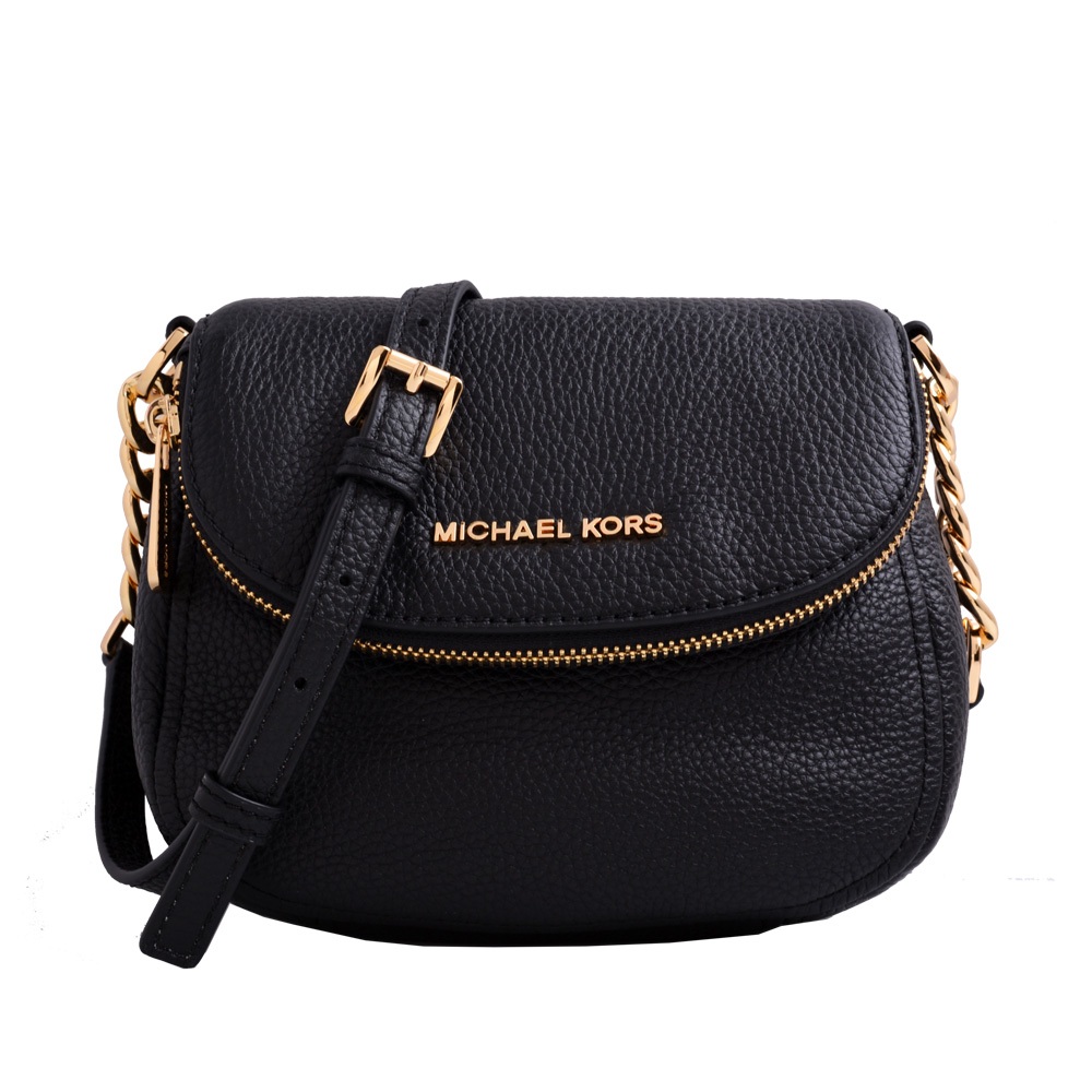 MICHAEL KORS BEDFORD金字LOGO荔枝軟皮革翻蓋鍊帶斜背包-黑/迷你