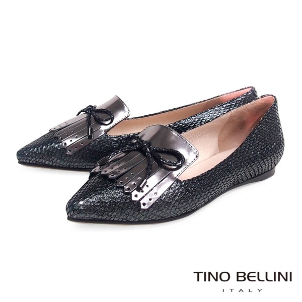Tino Bellini 金屬色感蛇紋流蘇尖頭樂福鞋_銀河灰