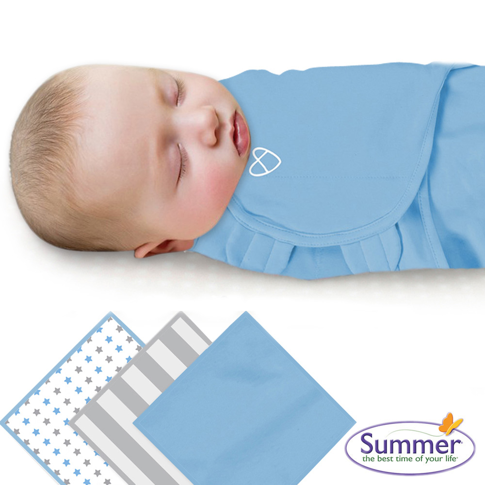 美國 Summer Infant 嬰兒包巾, 純棉 S-3入 (藍星條紋)