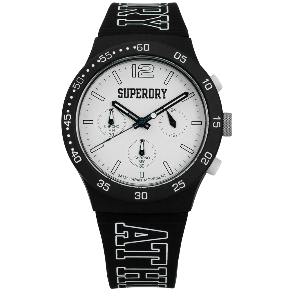 Superdry 日系青春簡約中性三環計時橡膠手錶 -白x黑/40mm