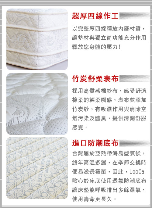 LooCa乳膠+羊毛+頂級四線獨立筒床墊-加大6尺
