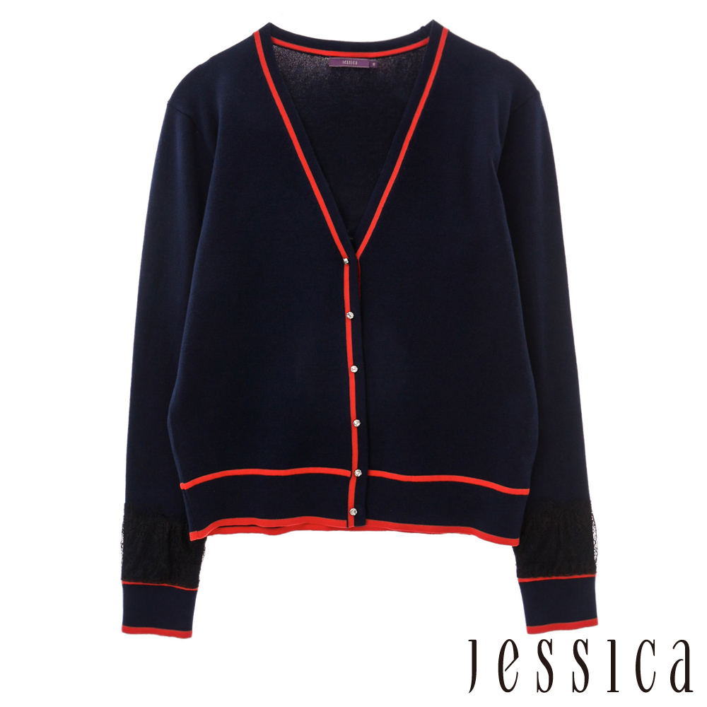 JESSICA-Grace 優雅針織羊毛開襟衫(深藍)