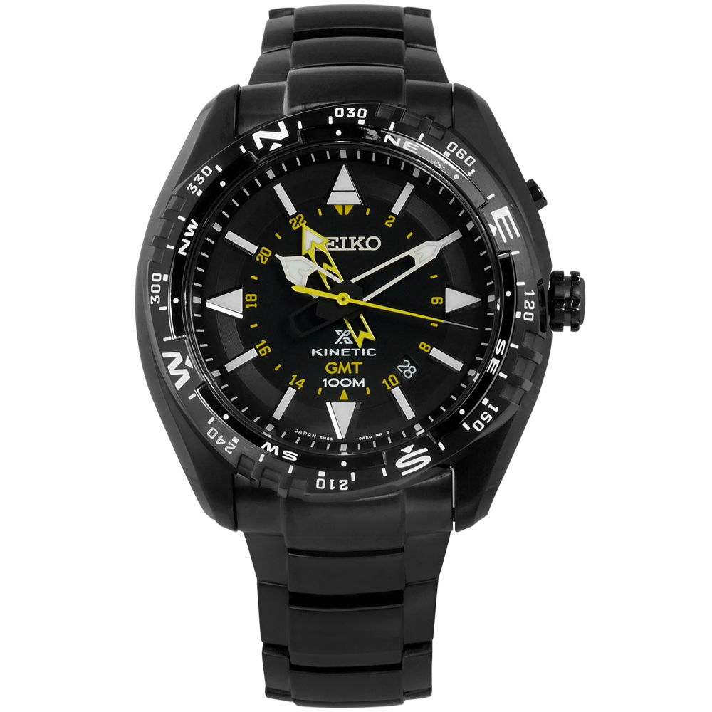 SEIKO Kinetic人動電能酷黑機械腕錶(SUN047J1)-黑/46mm