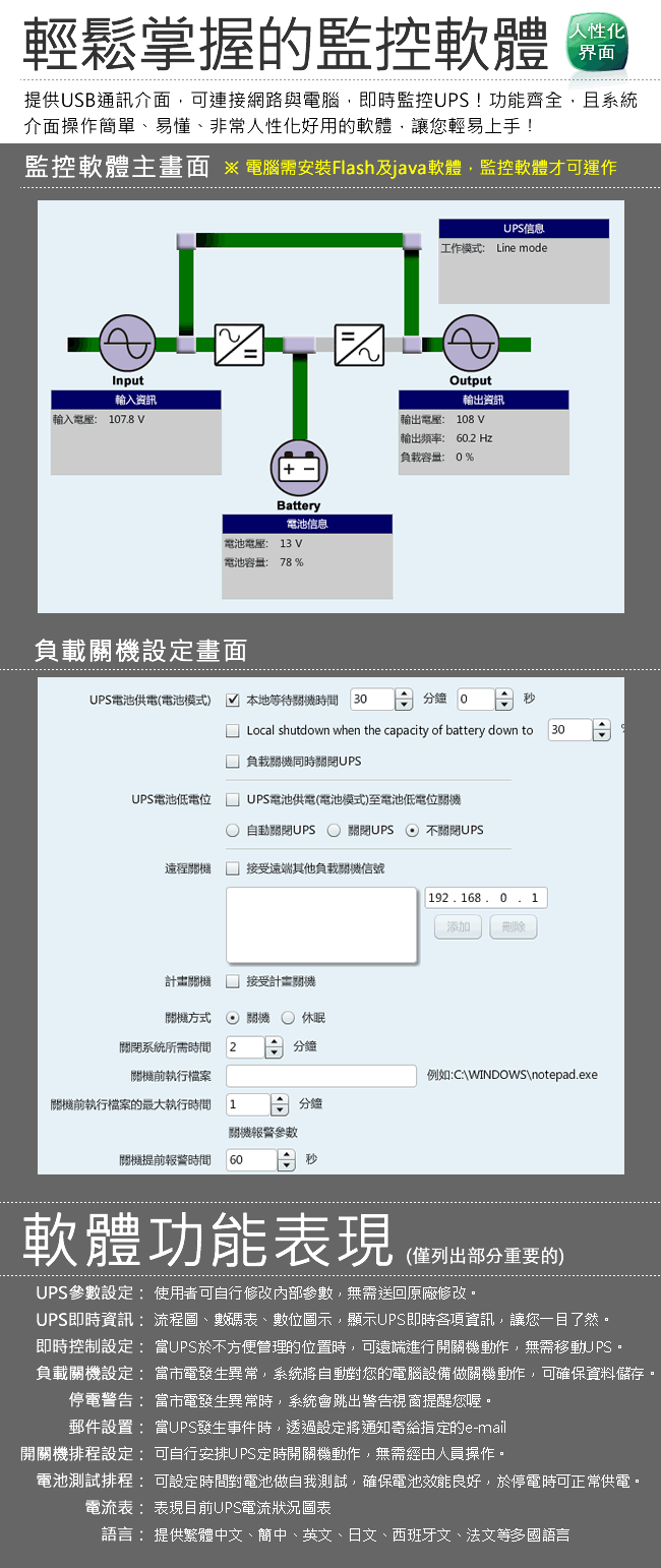 飛碟-On Line 2KVA UPS(在線式) 節能省電+高功率+USB監控+LCD面板