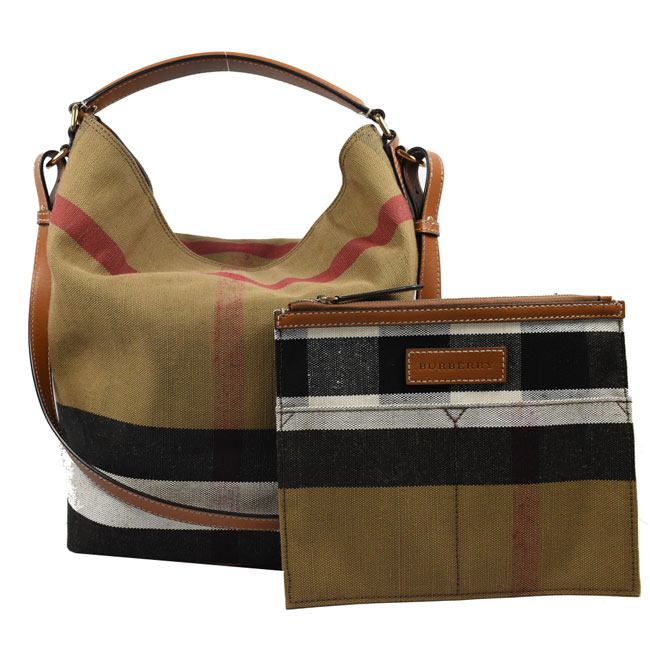 BURBERRY 格紋棉麻系列兩用HOBO水桶包(咖)