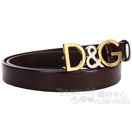 DOLCE & GABBANA 仿舊金屬logo窄版皮帶(雪茄色)