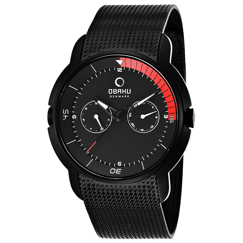 OBAKU 雙錶冠日期計時米蘭運動腕錶-IP黑/42mm