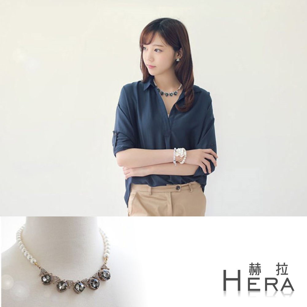 Hera 赫拉  唯美韓劇公主優雅彩鑽珍珠寶石項鍊(灰色)