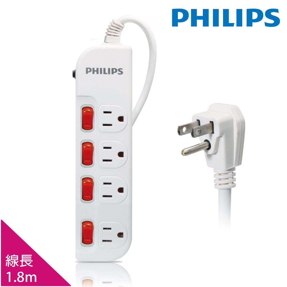 PHILIPS 飛利浦 過載防護型 4開4插3孔延長線 (1.8米)