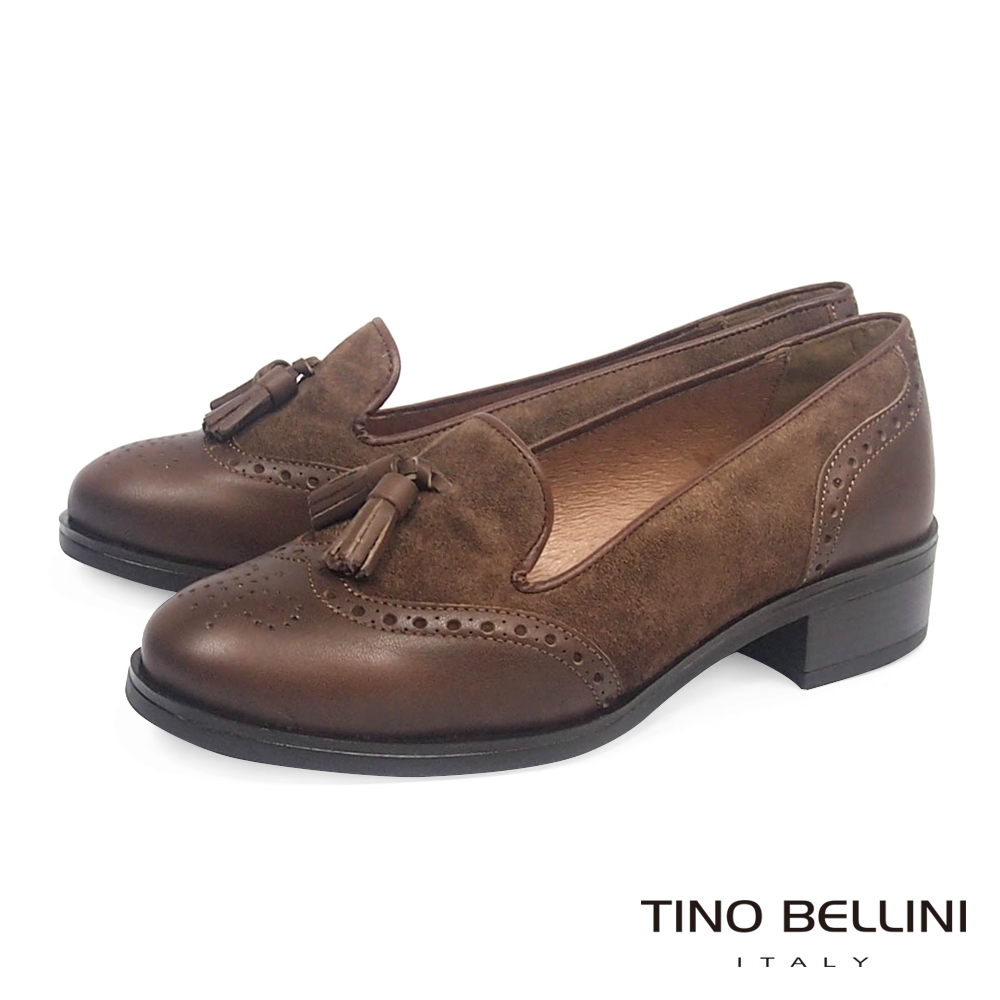 Tino Bellini 西班牙真皮雕花流蘇低跟樂福鞋_深咖