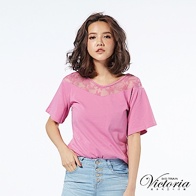 Victoria V領蕾絲剪接短袖T-女-粉紫