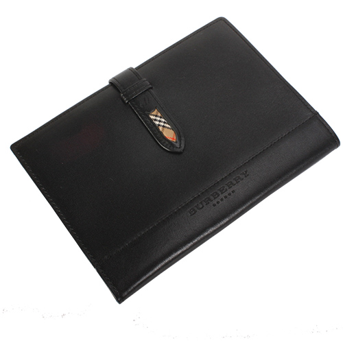 BURBERRY經典飾邊格紋中型穿扣皮革手帳冊-黑色