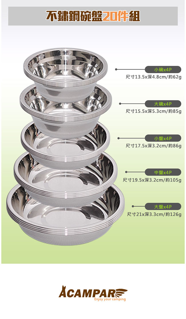 ACAMPAR 戶外便攜高級不鏽鋼碗盤20件組/野外料理碗盤組