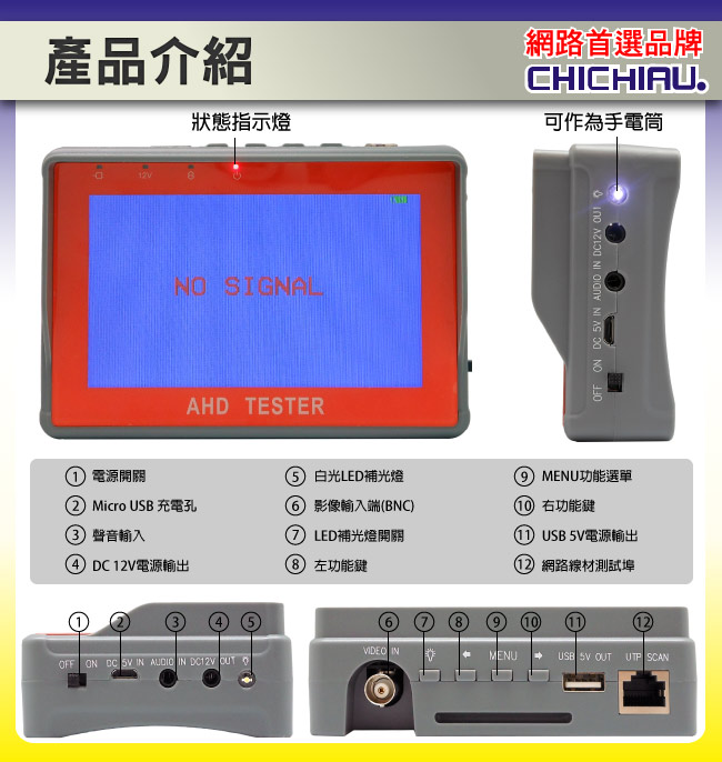 【CHICHIAU】工程級4.3吋AHD 1080P/720P數位類比腕帶式影音訊號顯示器