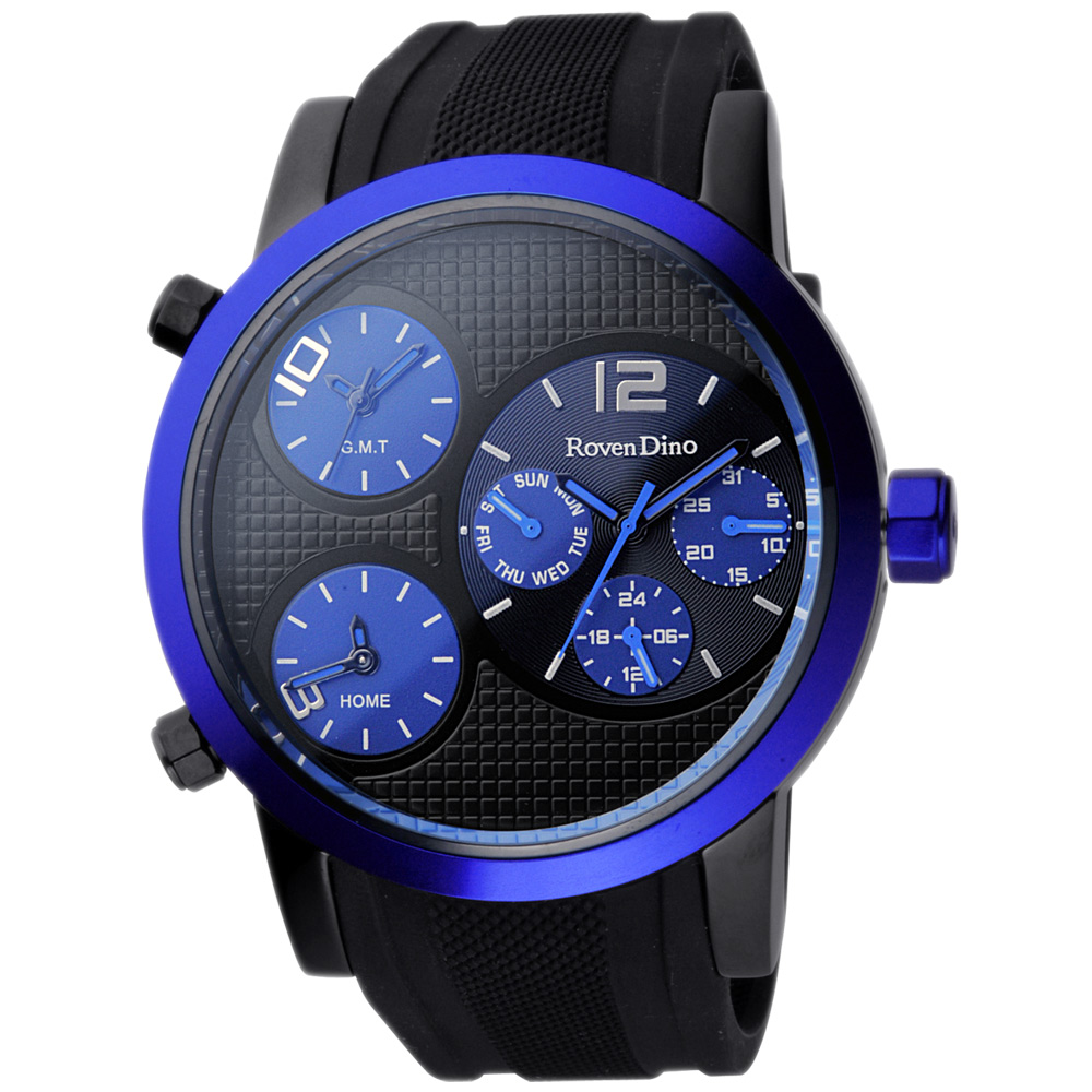 Roven Dino羅梵迪諾 電光之戰三時區全日曆個性腕錶-黑x藍框/47mm