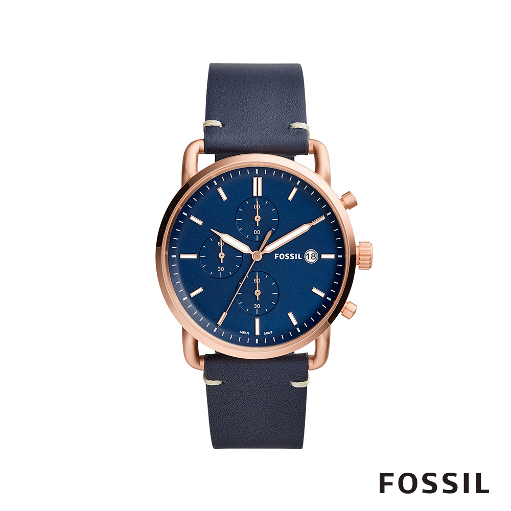 FOSSIL COMMUTER 移動紳士三眼計時真皮男錶-午夜藍/藍 約42mm FS5404