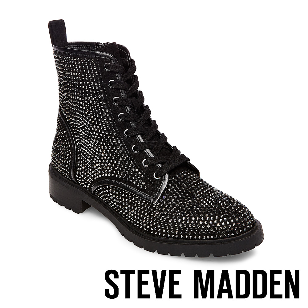 STEVE MADDEN-OZZY 水鑽絨布綁帶拉鍊短靴-黑色