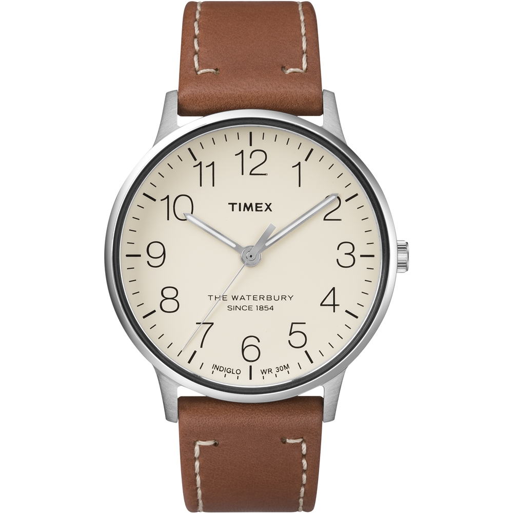 TIMEX 天美時 Waterbury系列 極簡手錶-米色面x棕色帶/40mm