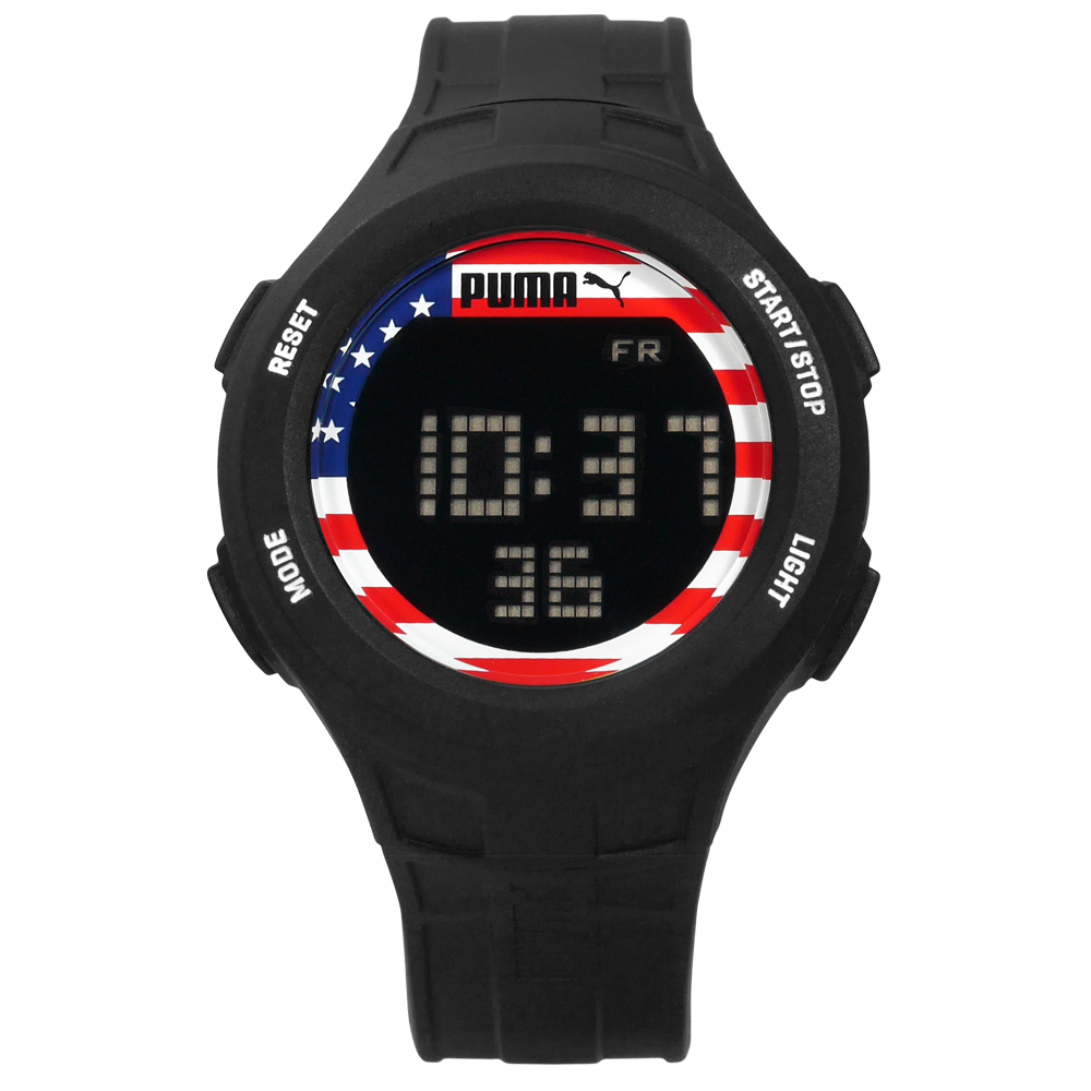 PUMA 經典奧運紀念款-美國運動電子橡膠手錶-藍紅白x黑/43mm