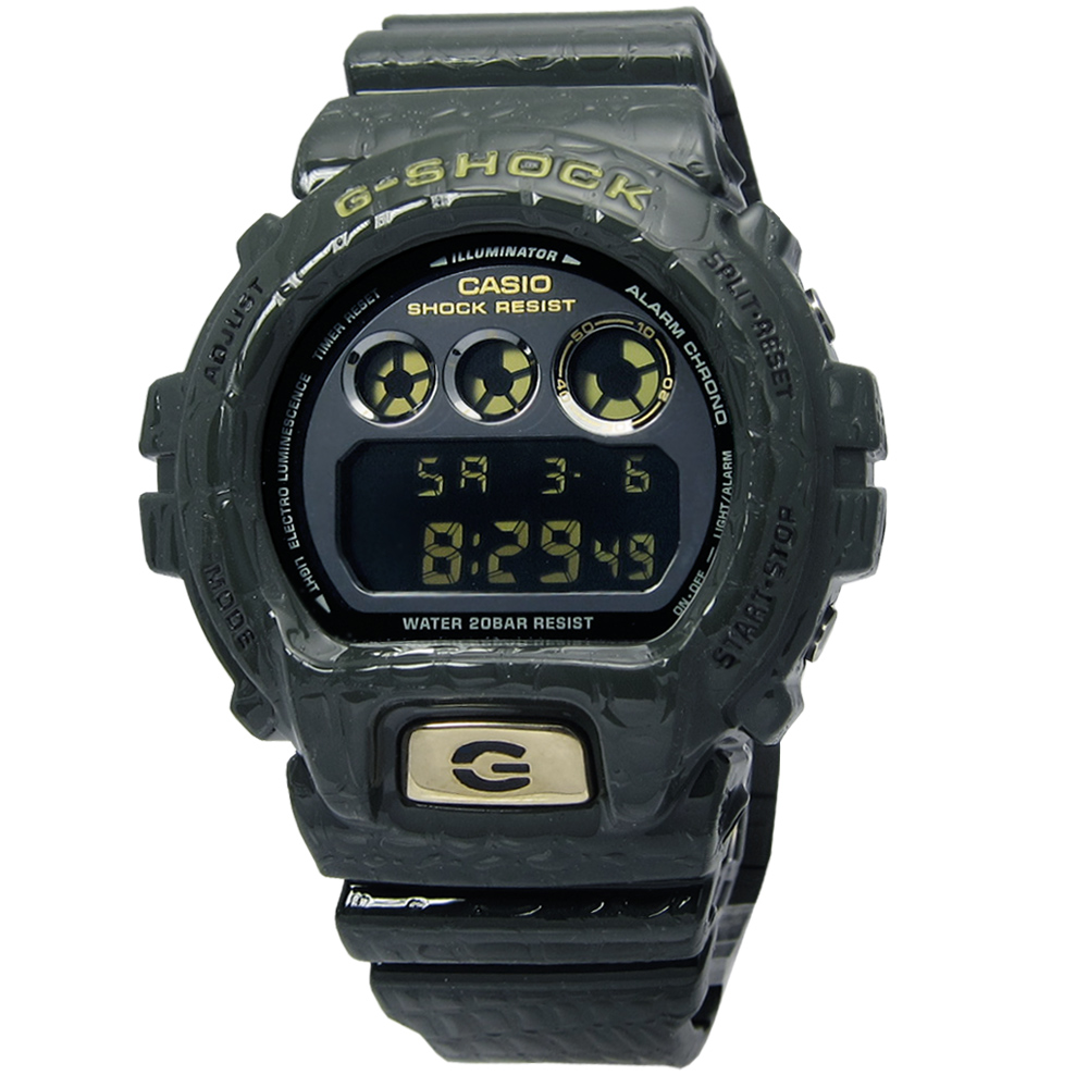 G-SHOCK 強悍不羇鱷魚立體壓紋亮面色澤電子錶(DW-6900CR)-沼澤綠/48mm