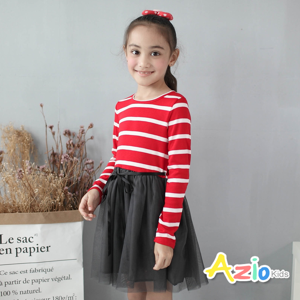 Azio Kids 童裝-洋裝 條紋綁帶網紗長袖洋裝(紅)