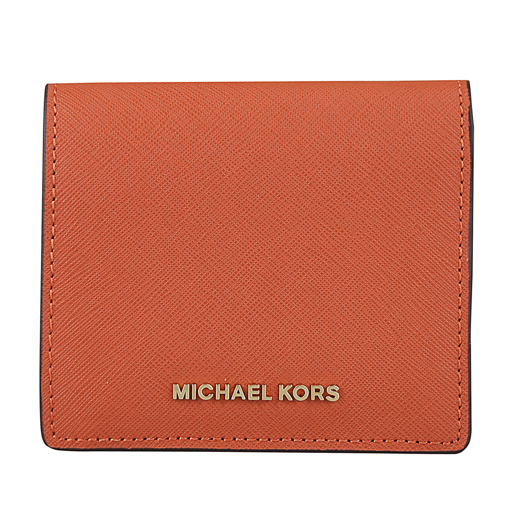 MICHAEL KORS JET SET TRAVEL金字LOGO防刮皮革釦式短夾(橘)