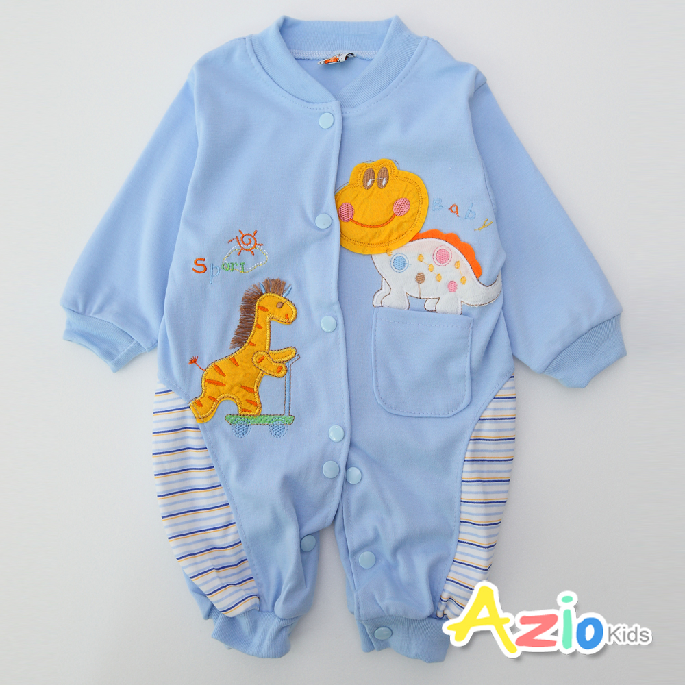 【Azio Kids】恐龍條紋拼接口袋開襟連身衣(藍)