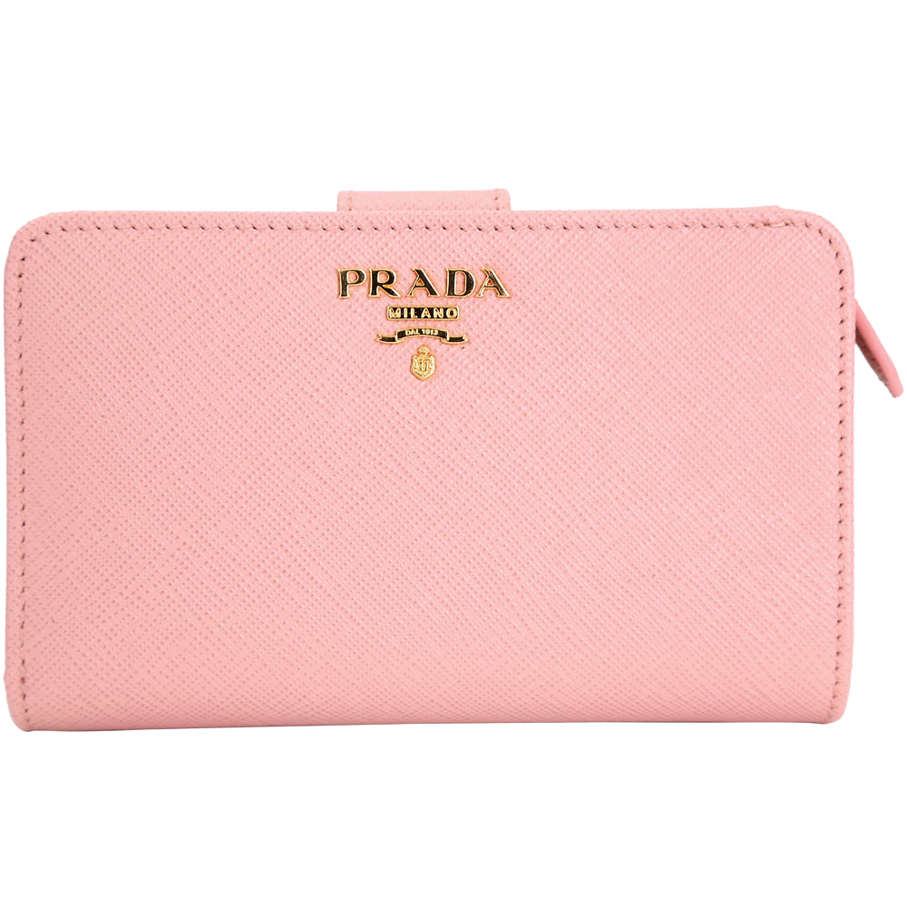 PRADA Saffiano 金字LOGO防刮牛皮釦式中夾(粉裸色)