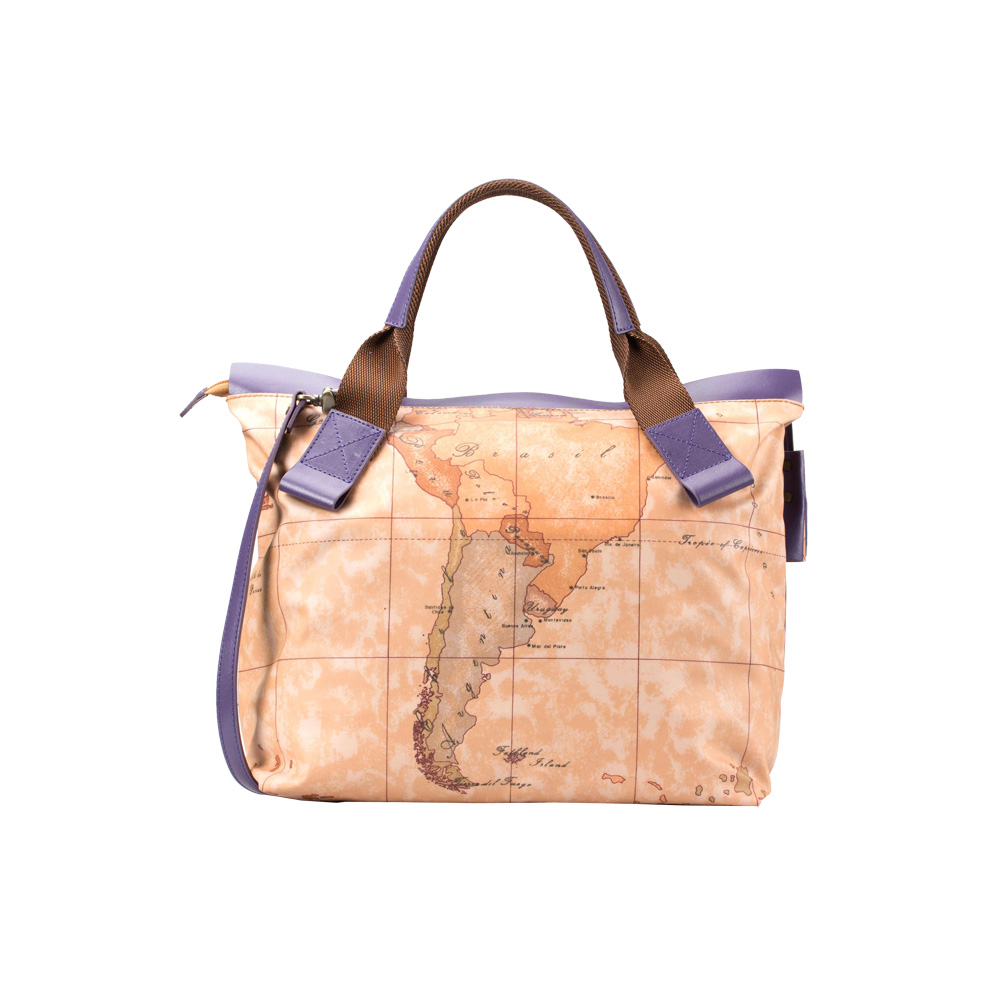 Alviero Martini 義大利地圖包 PU配皮手提側背包(大)-地圖黃/紫