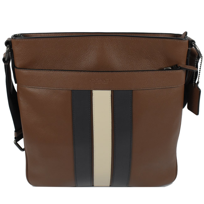 COACH條紋烙印LOGO牛皮斜背包(咖/藍)