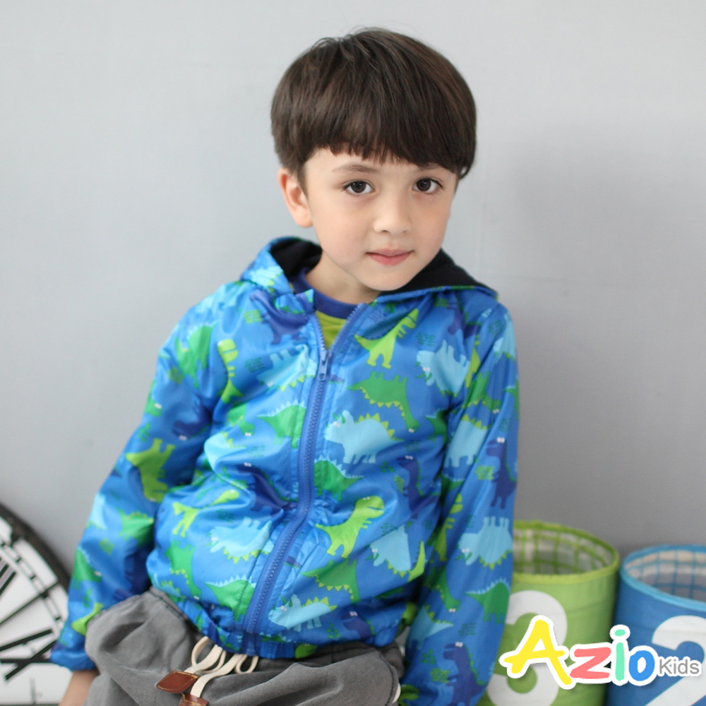 Azio Kids 童裝-外套 多彩恐龍口袋拉鍊搖粒絨風衣外套(藍)